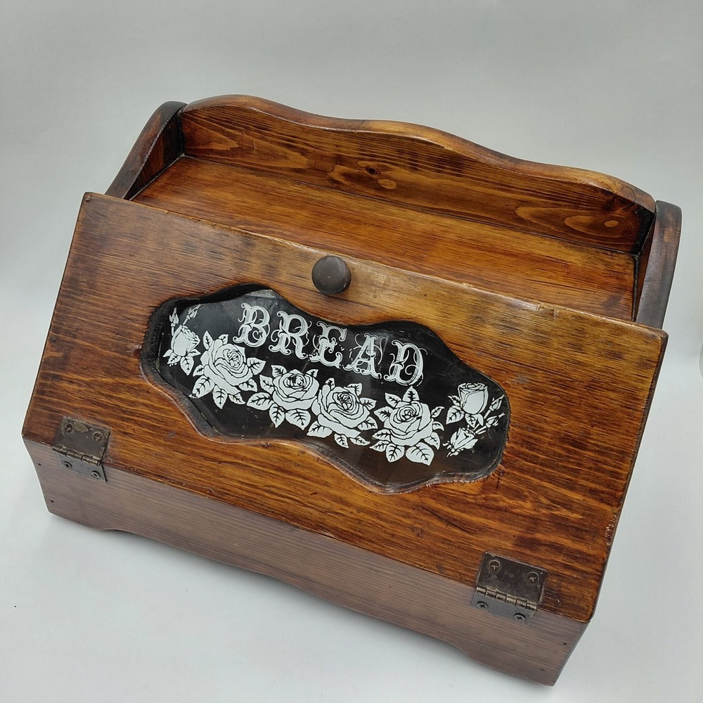 Vtg Wood Bread Box Roses Stenciled Glass Face Farmhouse Breadbox Cottagecore